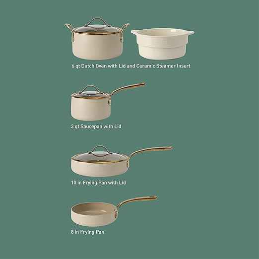 Bloomhouse - Two Time Oprah's Favorite Things Winner - 8 Piece Pots and Pans Heavy Duty Aluminum Premium PFA Free Ceramic Nonstick Cookware Set - Almond Cream w/Gold Handle
