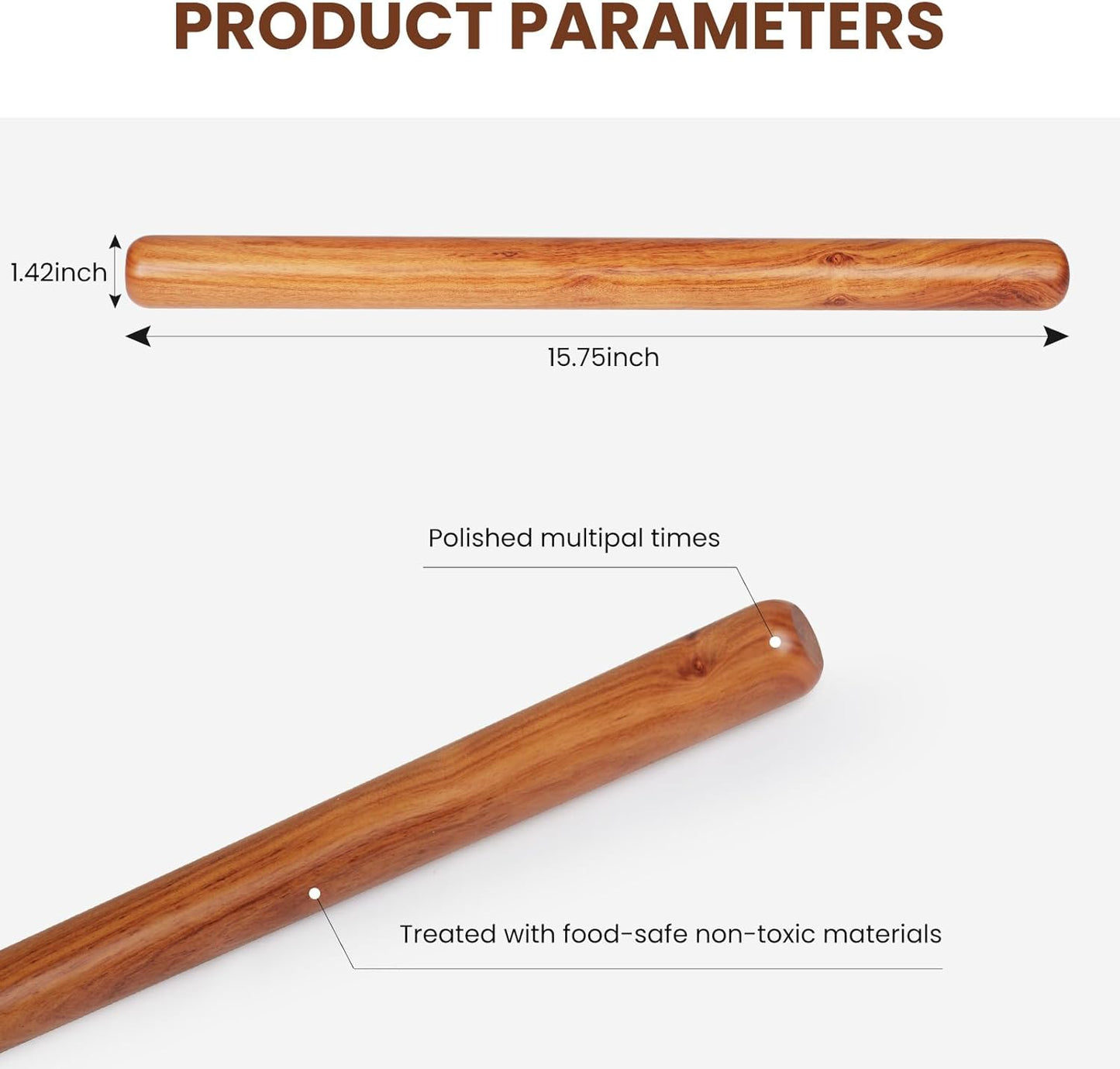 Natural Solid Bubinga Wood French Rolling Pin for Baking | Straight rod type | High-Density Professional Dough Roller (straight - 15.75‘L)