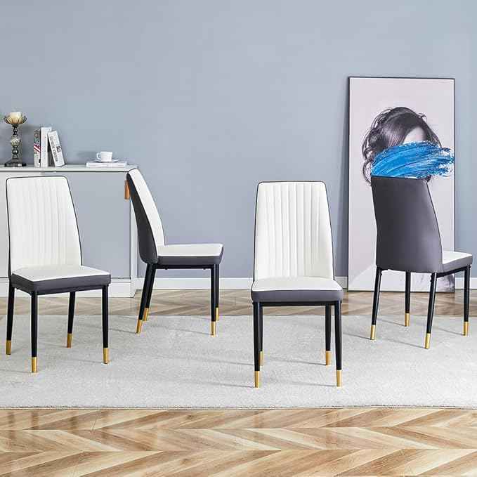 Modern Dining Chairs Set - Off-White PU Leather Armless Chairs with Metal Legs for Dinner Room, Office, Waiting Room (Set of 8)