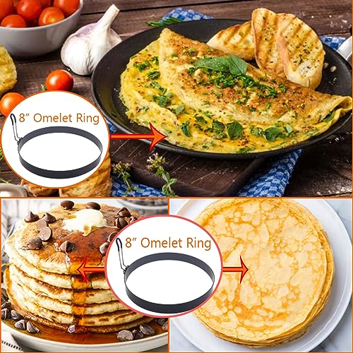 Large 2 Pack 8" Omelette Ring for Griddle (Black 2 pcs of 8“ with accessories)