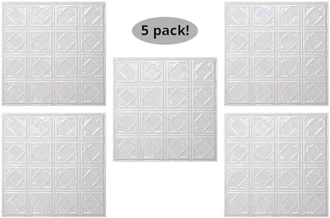 American Tin Ceilings Tin Backsplash [5-Pack with Trim Kit] in Pattern #19 and Bright White Gloss Color 24" x 24" (20 Sq Ft) for Kitchens | Genuine Tin | Made in The USA | Model: kit5-b-p19-wbg