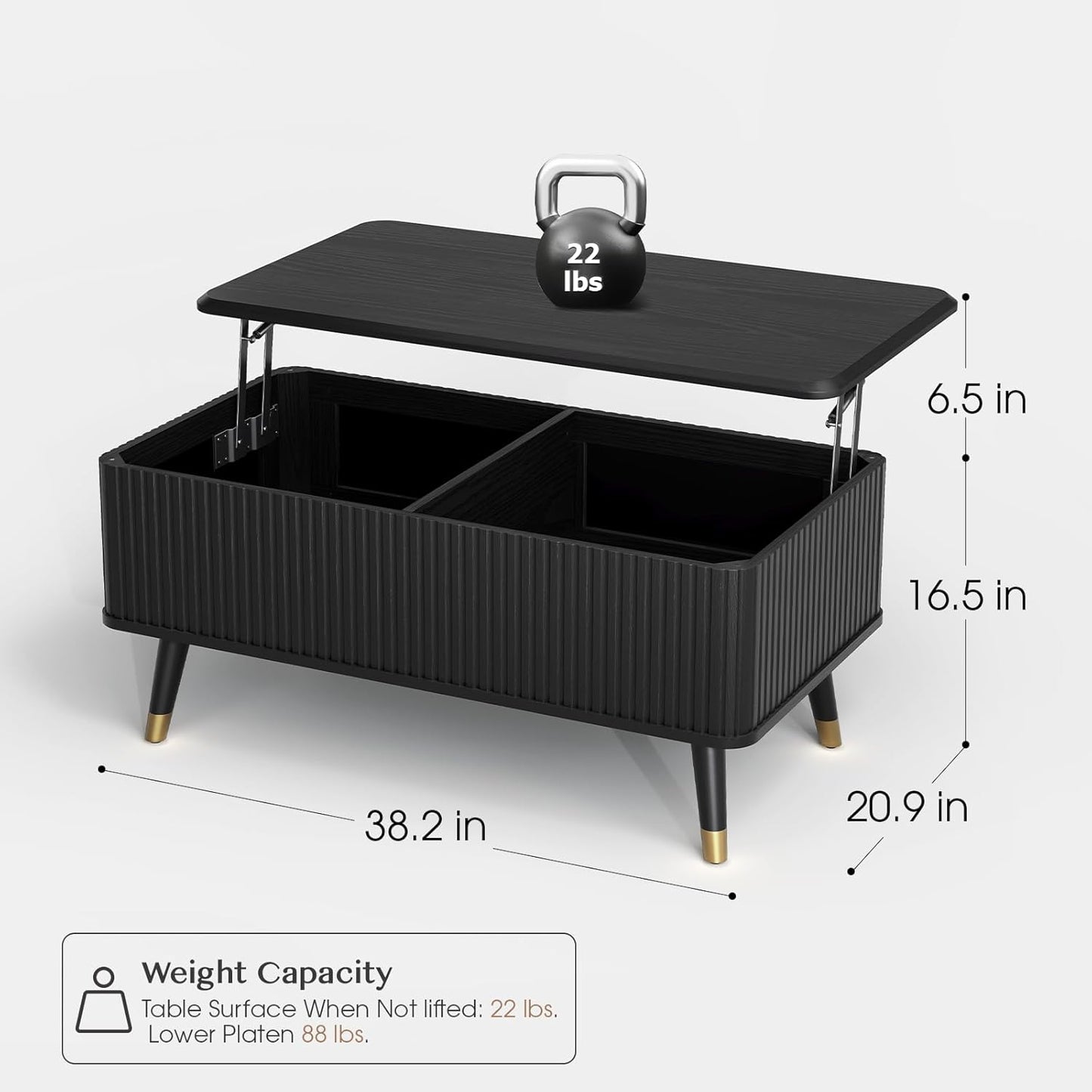 Lift Top Coffee Table, Mid Century Modern Coffee Table with Hidden Storage Compartment, 38" Fluted Center Table for Living Room, Home Office, Black