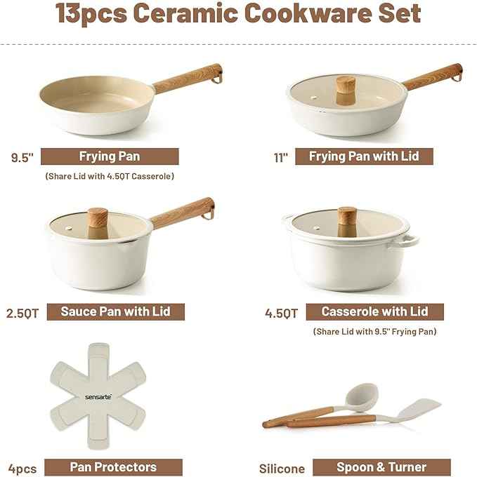 SENSARTE Ceramic Nonstick Cookware Set, Non-toxic Healthy Pots and Pans Set Ceramic Coated Kitchen Cooking Set, Free of Intentionally Added PFAS/PTFE, Dishwasher&Oven Safe Induction Compatible, 13pcs