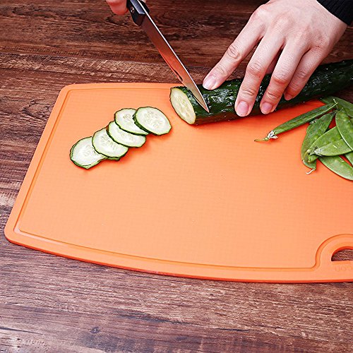 Thick Silicone Cutting Board 12.6'' x 9.1'' Juice Grooves Easy Grip Handle Dishwasher Safe (12.6"L x 9.1"W / Orange)