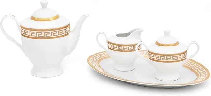 Porcelain Dinnerware Set for 8 - Luxurious 49 Piece Dish Set - White and Gold Greek Key Design - Dinner Plates, Bowls, Cups and Saucers for Everyday Dishes or Formal Occasions (Meander Gold 2049)