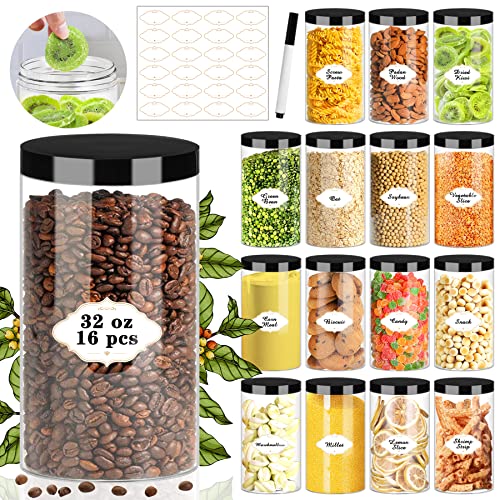32 OZ Plastic Jars with Lids (32OZ 16Pcs Black)