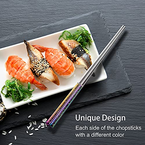 Metal Chopsticks Reusable Dazzling Rainbow Stainless Steel Chopsticks Titanium Plated Dishwasher Safe Fancy Laser Engraved Korean Japanese Chop Sticks Multicolor 2 Pairs Gift Set (Rainbow silver)