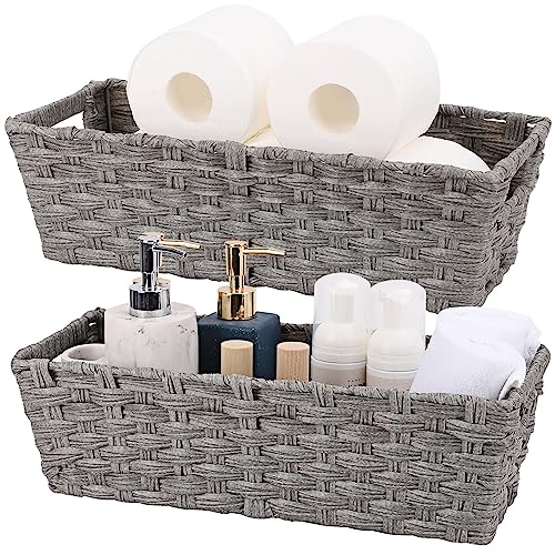 2 Pack Plastic Wicker Toilet Paper Baskets (15¾" x 6¾" x 4¾" / Grey)