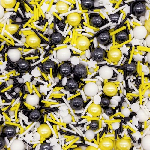 Yellow & Black & White Sprinkles Mix Size Pearls Bumble Bee Themed Cake Decorations Cupcake Toppers Perfect for Wedding Valentine Supplies 4.58OZ (Yellow&Black&White)