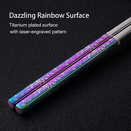 Metal Chopsticks Reusable Dazzling Rainbow Stainless Steel Chopsticks Titanium Plated Dishwasher Safe Fancy Laser Engraved Korean Japanese Chop Sticks Multicolor 2 Pairs Gift Set (Rainbow silver)