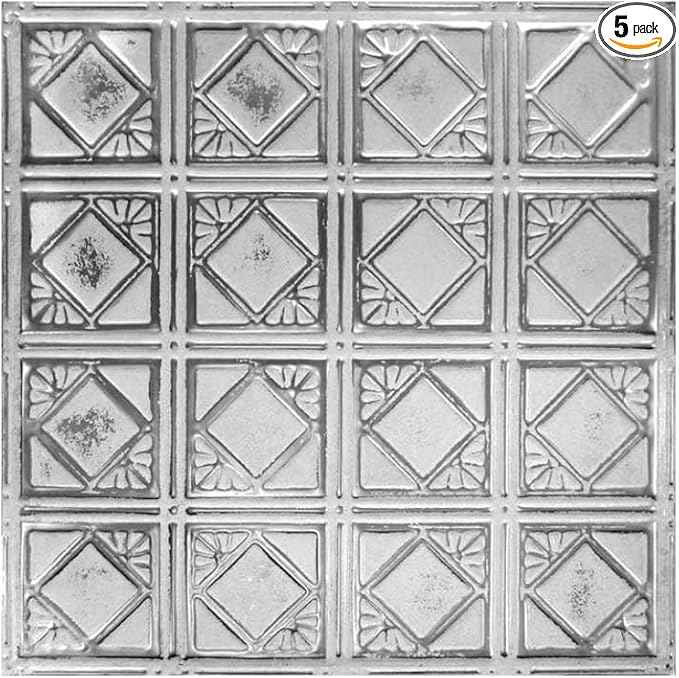 American Tin Ceilings Tin Backsplash [5-Pack with Trim Kit] in Pattern #19 and Silver Washed White Color 24" x 24" (20 Sq Ft) for Kitchens | Genuine Tin | Made in The USA | Model: kit5-b-p19-sww