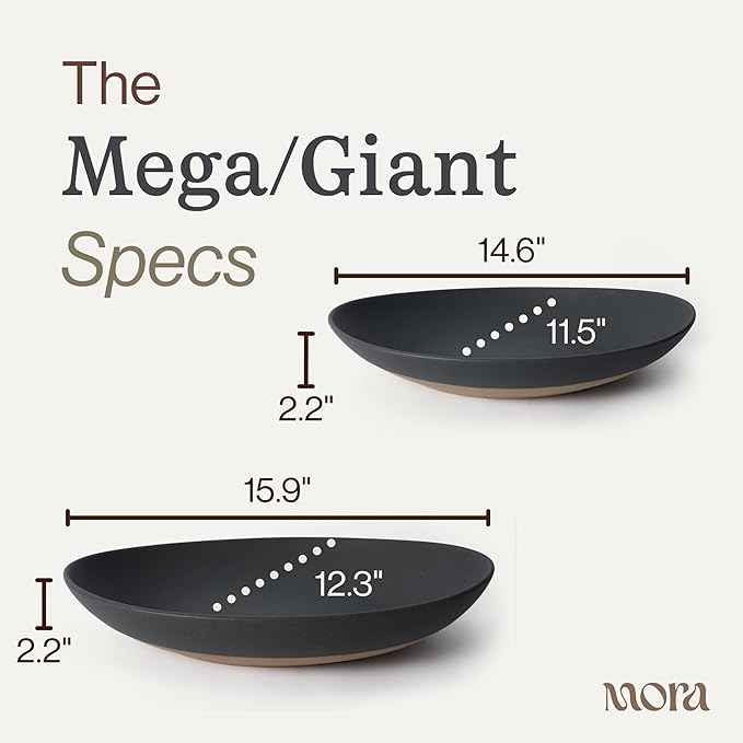 MORA Mega and Giant Serving Dishes Set of 2, 16 inch and 14 inch Ceramic Pottery Oval Platters - Microwave, Oven and Dishwasher Safe - Liquorice