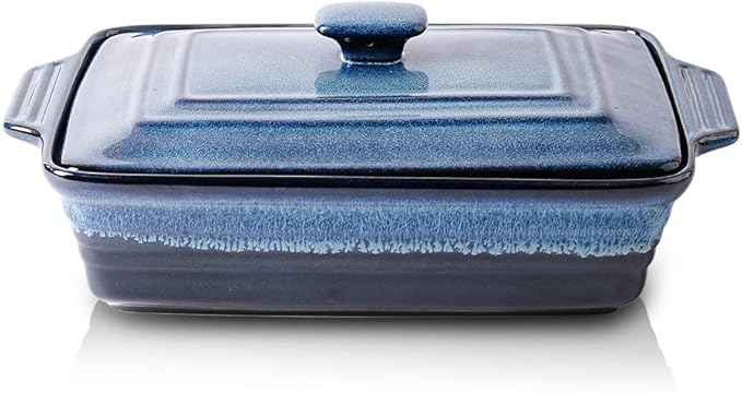 KOOV Ceramic Casserole Dish With Lid, Covered Rectangular Set, Lasagna Pan for Cooking, Baking Dish for Dinner, Kitchen, 9 x 13 Inches, Reactive Glaze (Nebula Blue)