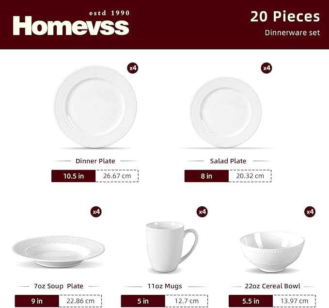 HomeVss, New Bone China Dinnerware Set, Embossed Pearl Design, 20pc Set