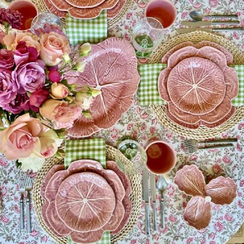 Pink Cabbage Dinner Plate Set of 4 Large Pink Leaf Motif Earthenware Handcrafted Portuguese Tableware Serving Platter Main Course Dining Salad Pasta Entrée Dish Centerpiece 10.4" D (Pink)