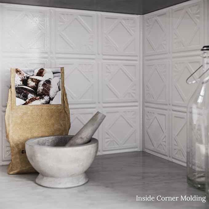 American Tin Ceilings Tin Backsplash [5-Pack with Trim Kit] in Pattern #19 and Bright White Satin Color 24" x 24" (20 Sq Ft) for Kitchens | Genuine Tin | Made in The USA | Model: kit-b-p19-wbs