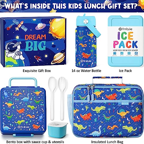 Kids Bento Lunch Box with Toddler Insulated Water Bottle Lunch Bag (A3. Blue Dinosaur)