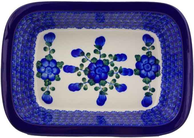Polmedia Polish Pottery Rectangular Baker - Blue Poppies Pattern Handmade in Boleslawiec Poland by Ceramika Artystyczna + Certificate of Authenticity