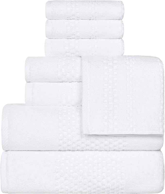 Superior Playa Zero Twist Cotton Medium Weight Towels, for Guest Bath, Bathroom, Shower, Spa, Plush, Quick Dry, Ultra-Soft Towels, Bath Essentials, Waffle Textured, 8 Piece Assorted Towel Set, White