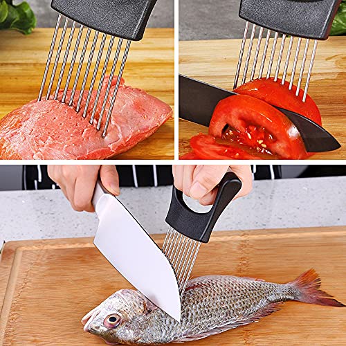 Onion Cut Tomato Slicer Lemon Handy Kitchen Slicing Tool With 10 Even Prongs For Onion Lemon Potato Tomato Slices And Can Be Used To Assist In Cutting Fish (Black)