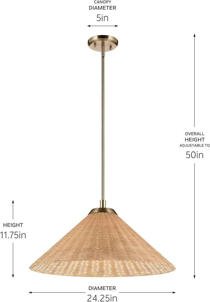 KICHLER Bekah 1-Light Convertible Pendant, Boho Light with Opal Glass and Handwoven Rattan Shade in Champagne Bronze, Sloped Ceiling Compatible, for Dining or Living Room (11.75" x 24.25"), 52730CPZ