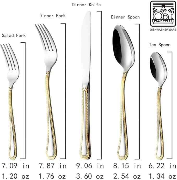 HOMEHUT 40 Pieces Vintage Gold Dinnerware and 18/10 Premium Stainless Steel Silverware Flatware Set - Greek Key Gold HQ Fine China Tableware Service for 4 People
