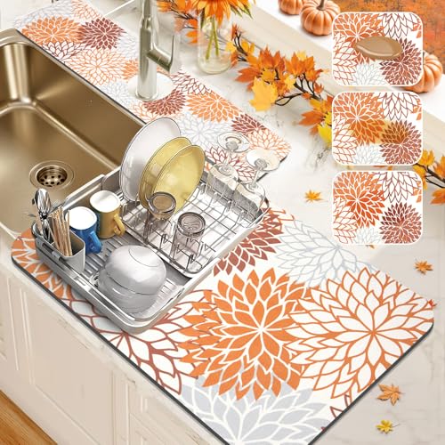 2Pcs Fall Dish Drying Mat & Sink Splash Guard (Orange / 16" X 24" + 24" X 5.5")