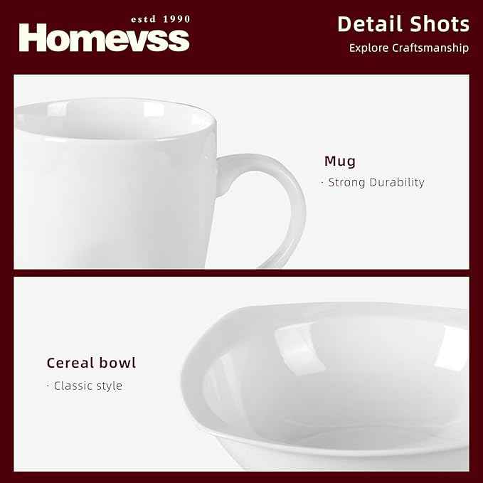 HomeVss, New Bone China Dinnerware Set, Coupe Square Shape, 20pc Set