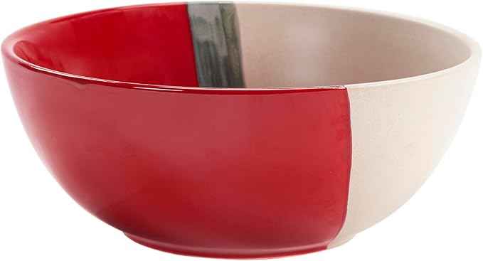 Paseo Road Pasadizo 16 Piece Ceramic Western Dinnerware Set with Plates, Bowls, Mugs, Red and Cream Brushstroke Waves Solid Pattern Rustic Cabin Style