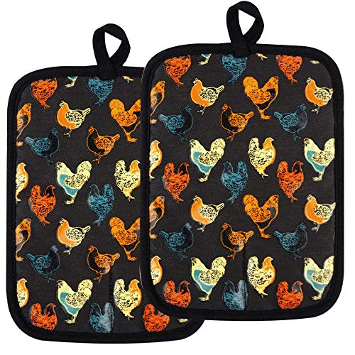 Pot Holders Set of 2 (Rooster, Black Potholders)