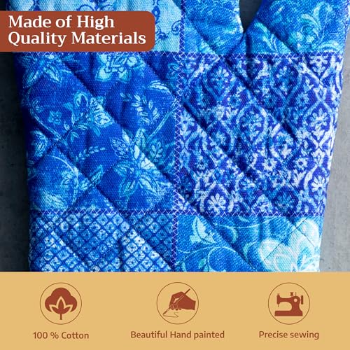 Maison d'Hermine Oven Gloves 100% Cotton Oven Mitt (027 - Indigo Love / 7.5" x 13" (Oven Mitt))