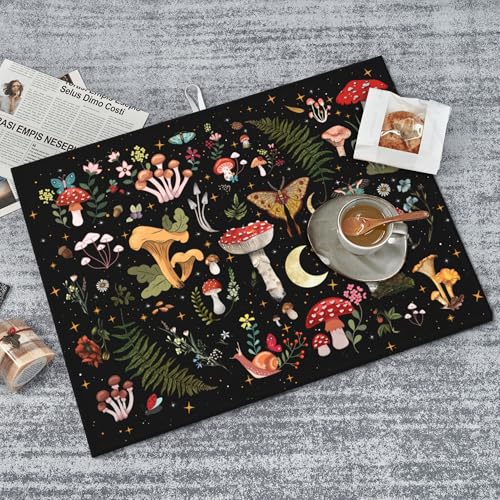 Mushroom Dish Drying Mat for Kitchen Counter 18"x24" Moth Gothic Witchy Dishes Pad Dish Drainer Rack Mats Microfiber Washable Absorbent Kitchen Decor (Mushroom Moth / 18 x 24 inch)