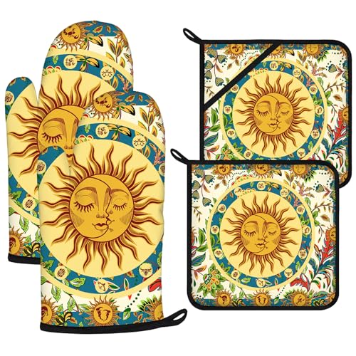 Sun and Moon Oven Mitts and Pot Holders Sets 4Pcs (Sun and Moon)
