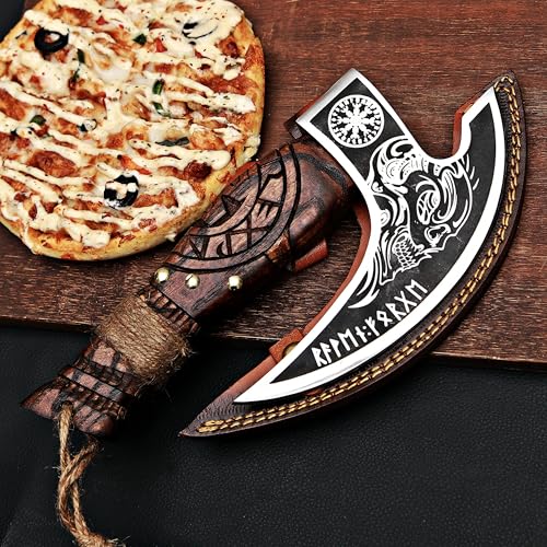 Pizza Cutter Axe Rocker Carbon Steel Slicer Chef Pizza Cutter Viking Axe with Leather Cover (Royal Skull)