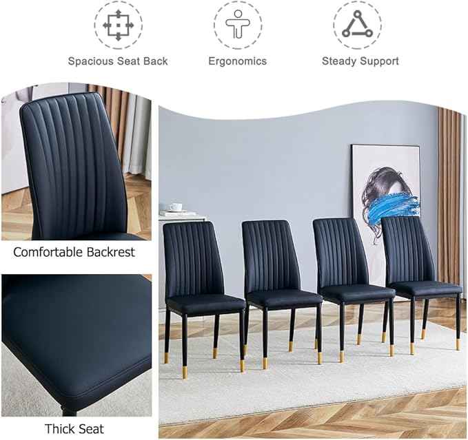 Modern Dining Chairs Set - 8 Black PU Leather Chairs with Metal Legs for Dinner Room, Office, Waiting Room