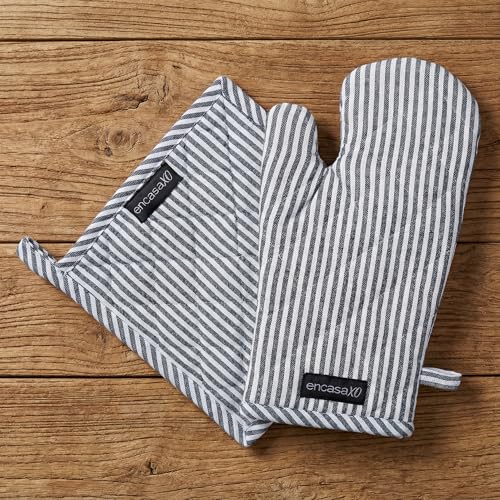 Oven Mitts and Pot Holders Set (Oven Glove + Pot Holder / Ticking Navy Blue)