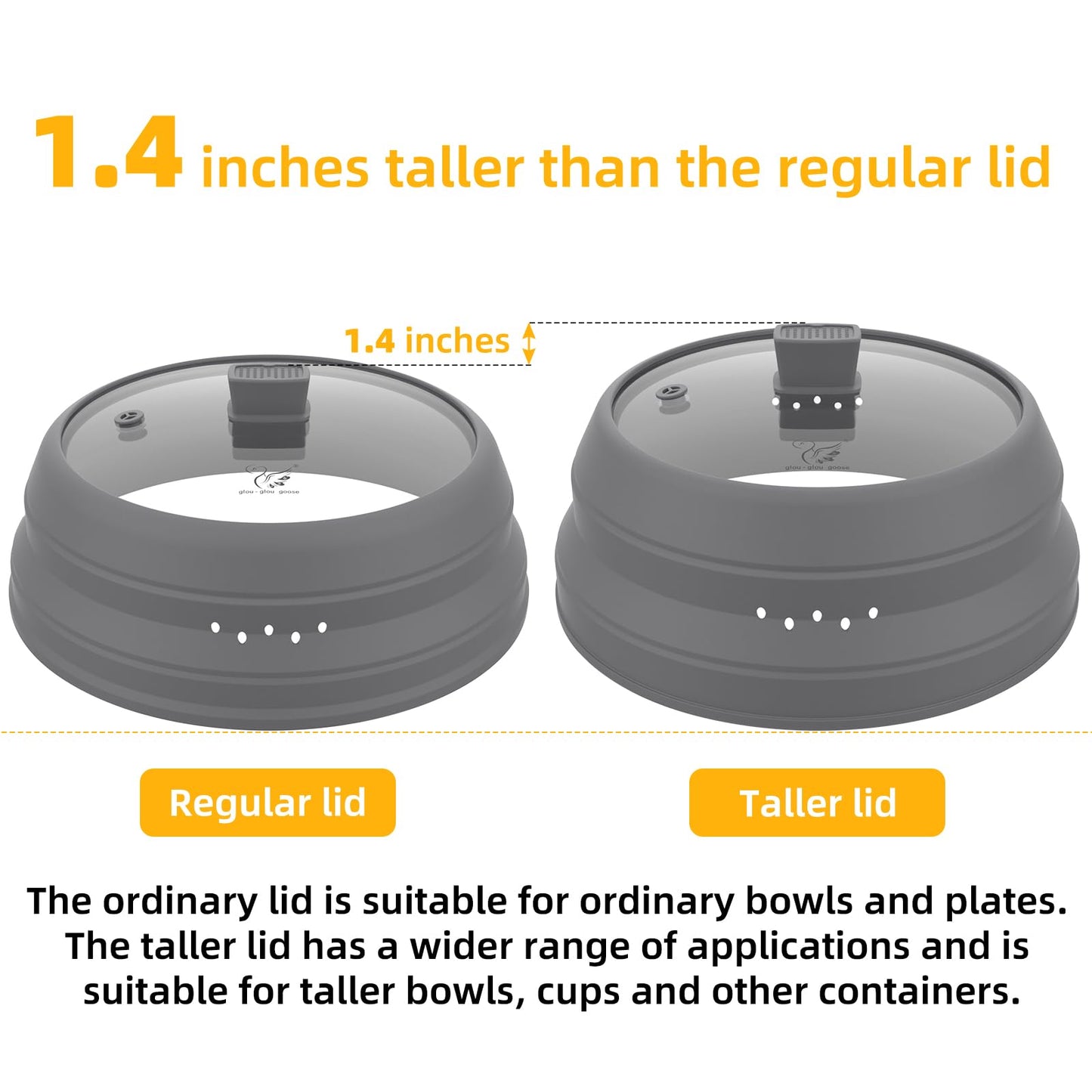 Tall Microwave Splatter Cover Glass Cover Guard Lid 6 inch Height with Collapsible Silicone for Food Pot Plate 12.5 inch Grey (LIGHT GREY / Taller style 12.5 inch)