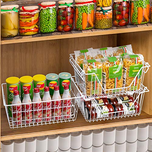Large Freezer Baskets Metal Storage Organizer Bin Basket Wire Storage Basket for Kitchen Pantry Bathroom Set of 3 Large Metal Farmhouse Food Fruit Produce Organizer Bins (3-P / White)