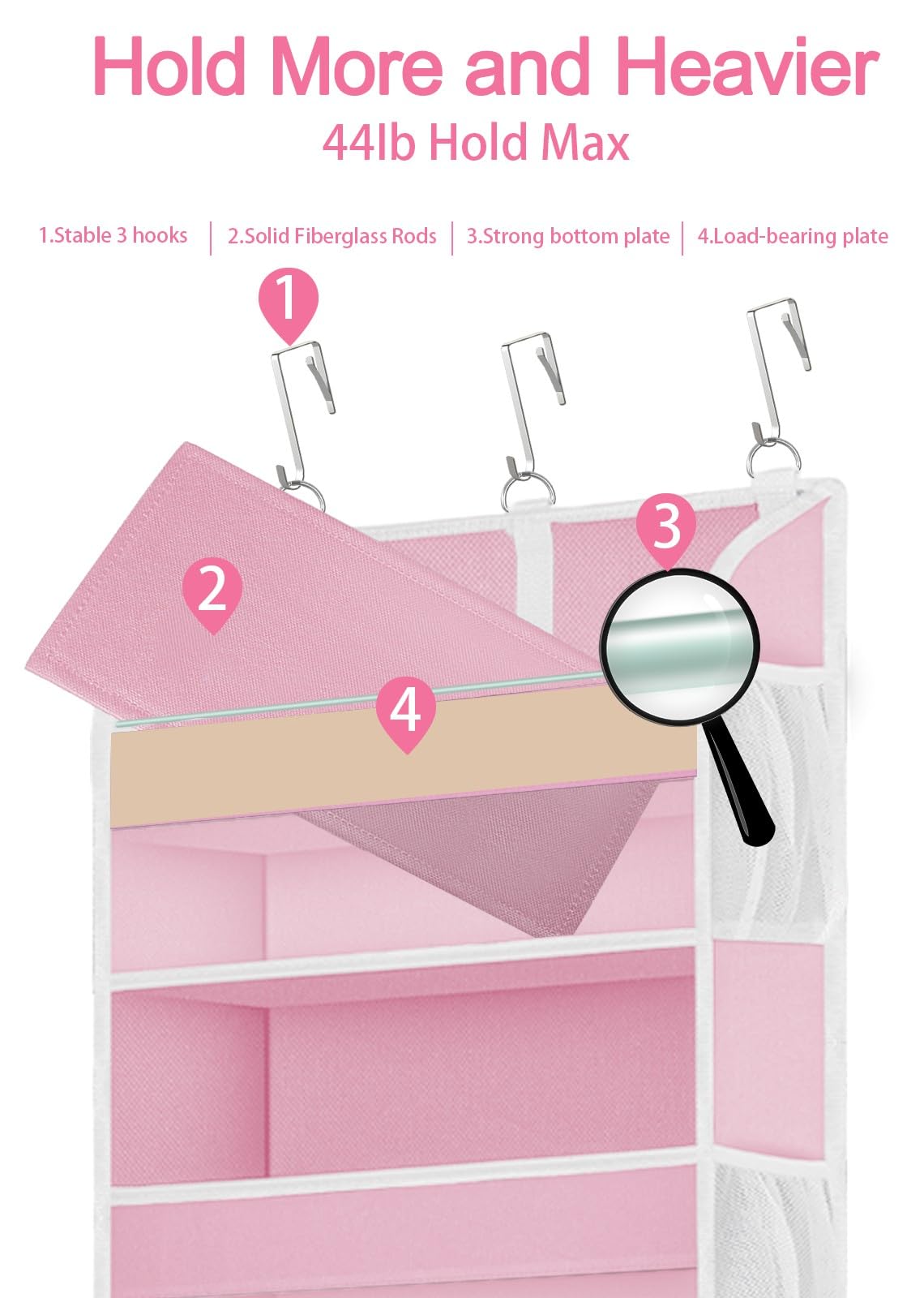 2 Pack Over the Door Storage Organizer with 5 Large Pockets (2 Pack / Pink)