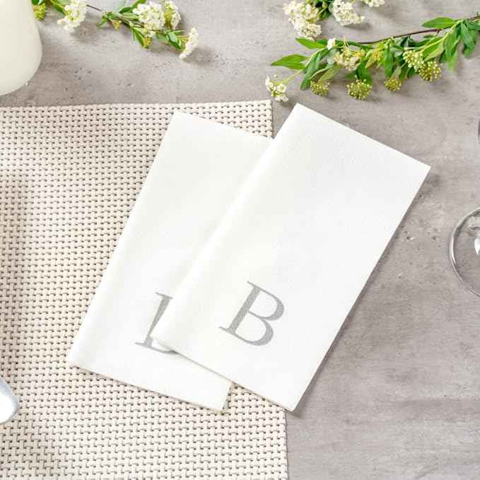 Luxenap 15.8 X 7.9 Inch Linen-Feel Guest Towels, 50 Lettered Hand Towels - Silver Letter 'B', Sans Serif Font, White Paper Dinner Napkins, airlaid, For Restrooms And Tables - Restaurantware