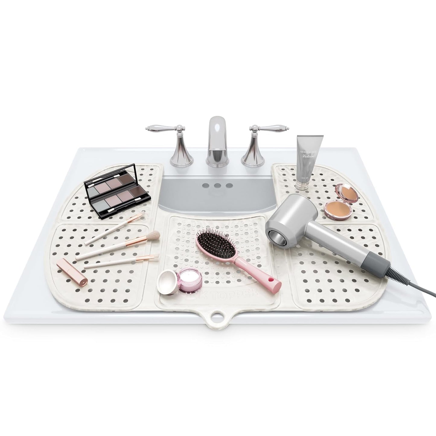 Sink Topper Bathroom Counter Cover & Storage Saver, Foldable Silicone Mat for Hot Tools, Hair Styling & Makeup, Beauty Brush Cleaning Mat, RV Camper Sink Cover & for Small Spaces (Large Pearl)