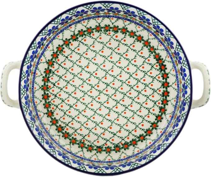 Polmedia Polish Pottery Round Baker with Handles 10-inch - Primrose Trellis Pattern Handmade in Boleslawiec Poland by Ceramika Artystyczna + Certificate of Authenticity
