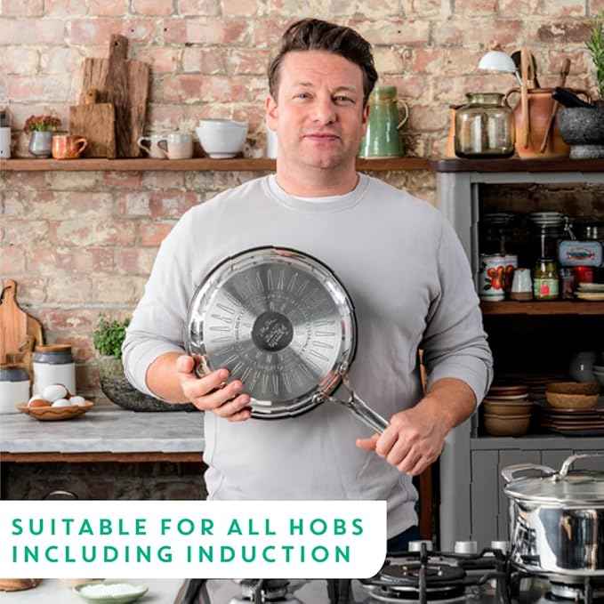 T-Fal x Jamie Oliver Nonstick Coated Stainless Steel Pans 9.5" & 11", Induction Compatible, Oven Safe up to 500°F, Chef's Stainless Steel Skillet, Frying Pan, Silver