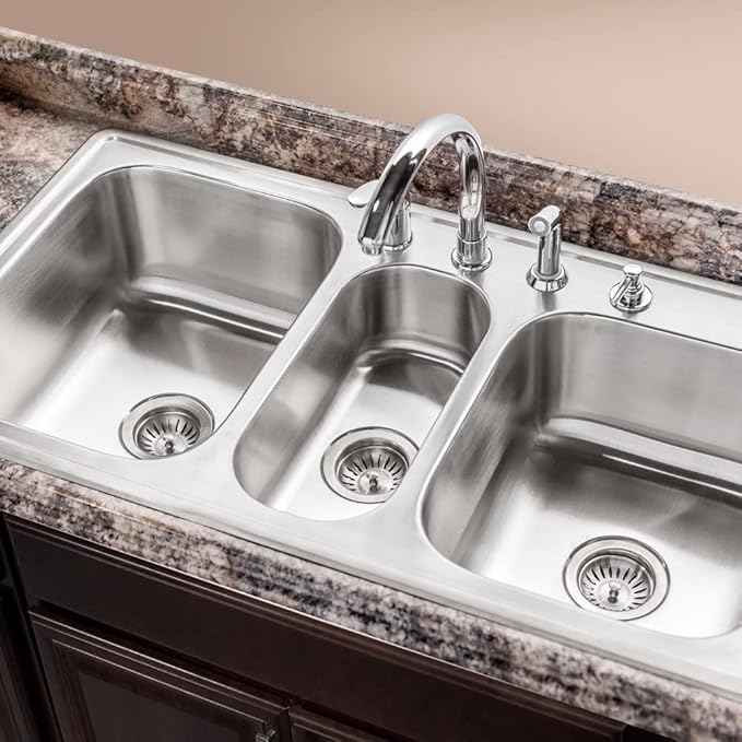 Houzer Stainless Steel PGT-4322-1 Premiere Gourmet Series - Topmount 4-Hole Triple Bowl Kitchen Sink, Premium Corrosion Resistant Quality, Ideal for Kitchen and Bar Use, Includes 2 Basket Strainers