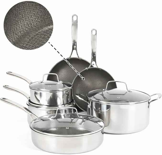 Martha Stewart Badgley Hybrid Nonstick 10 Piece TriPly Stainless Steel Pots and Pans Non-Toxic Kitchen Cookware Set - Laser Etched Perfect Sear Nonstick W/Stay Cool Handle Dishwasher & Induction Safe