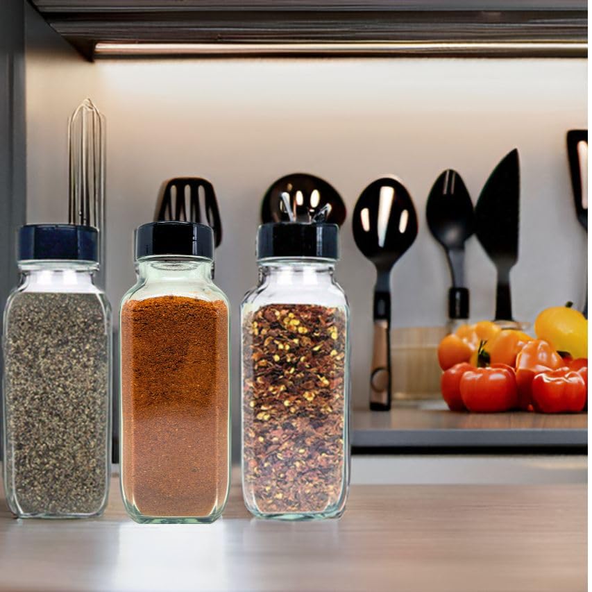 Glass Spice Jars with Shaker Lids (French Square 16oz Black Set of 3)