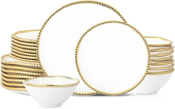 Christian Siriano Akoya Porcelain Dinnerware Set, 24-Piece - Dish Set for 8, Plates and Bowls Set, White and Gold