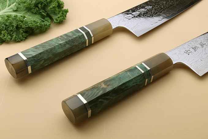 Yoshihiro Damascus SG2 (R2) Semi-Stainless Gyuto Chefs Knife (10.5'' (270mm), Stabilized Maple Burl Handle & Triple Ring)