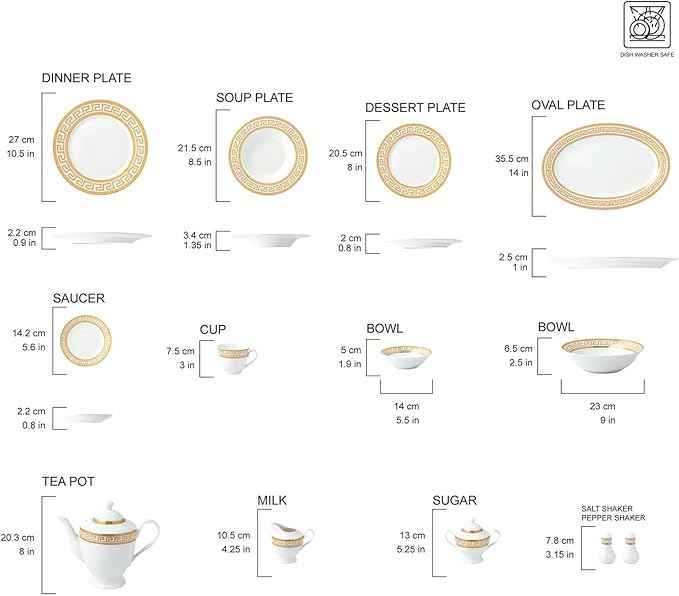 HOMEHUT 97-Piece Gold Dinnerware Set with 18/10 Premium Stainless Steel Silverware Flatware - Greek Key Gold HQ Fine China Tableware Service for 8 People