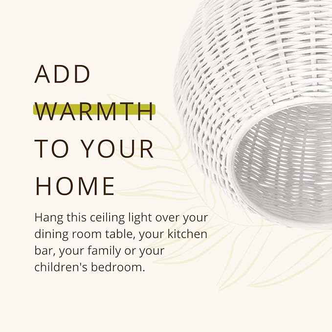 KOUBOO Lamp Wicker Ball Pendant – Boho Rattan Ceiling Light Fixture for Dining Room, Kitchen Island & Living Room Décor – Modern Farmhouse Pendant Light Shade, White